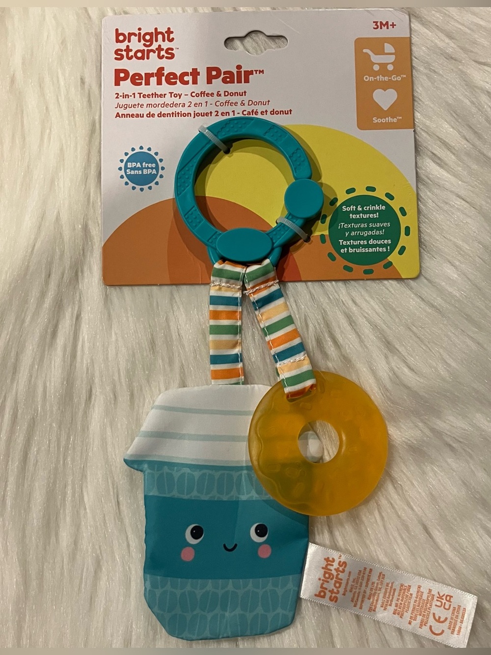 Bright Starts Perfect Pair Baby 2-in-1 Teether Crinkle Toy Coffee & Donut - NEW